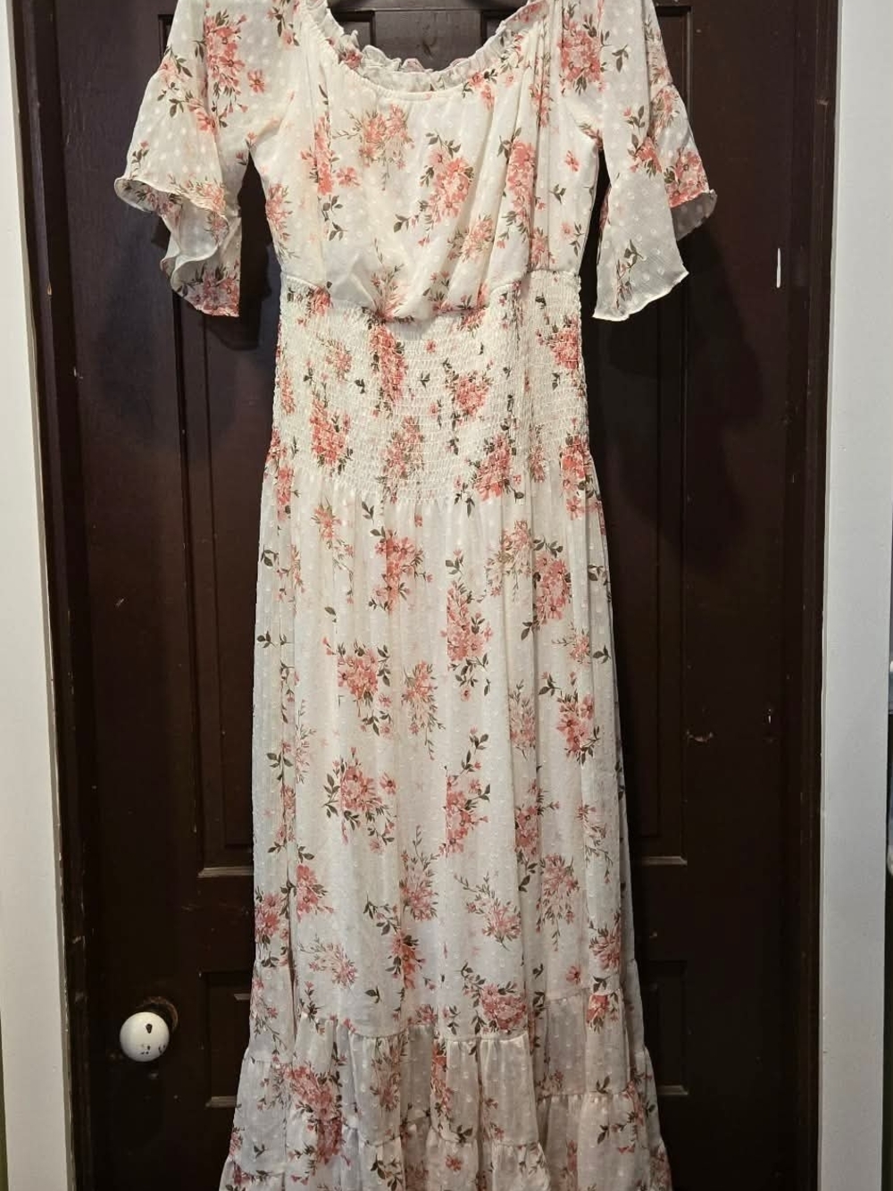 Smocked Floral Maxi Dress in Cream with Blush Blossoms